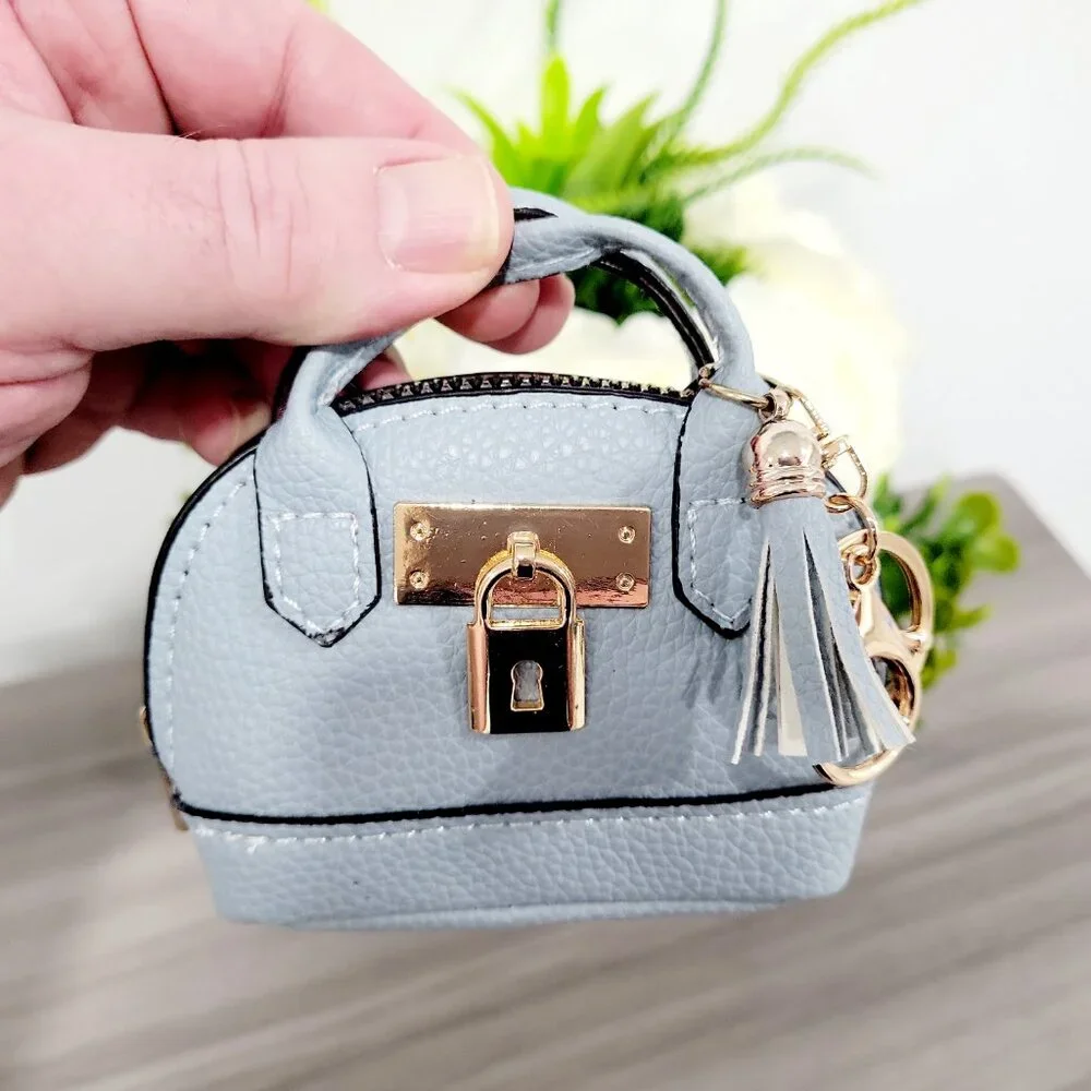 Baby Blue Mini Coin Purse Keychain Wallet AirPods Holder Bag Charm Tassel - Picture 4 of 7